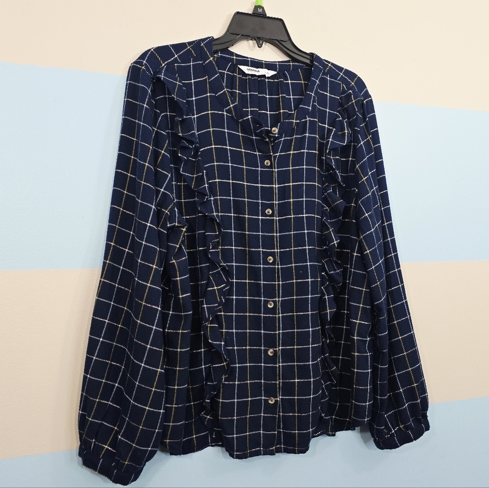 Sonoma Blue Checkered Ruffle Button-Down Shirt - Picture 3 of 8